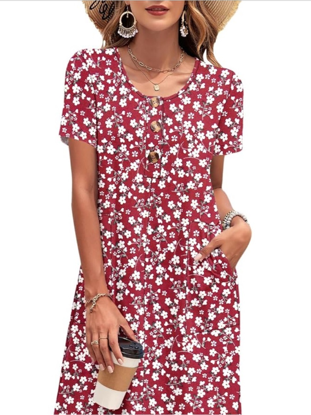 Button-Front Red Floral Midi Dress with Pockets